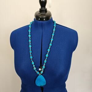Boho Turquoise Teardrop Pendant Necklace with Crackle Glass Beads